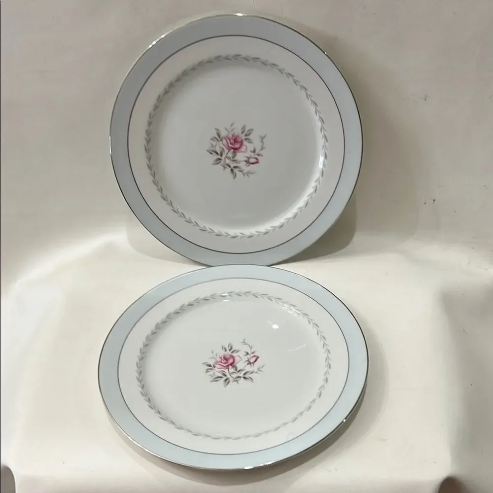 Regency White Blue Silver Trim Pink Floral Rose Set 2 Dinnerware Plate 10 1/4 In